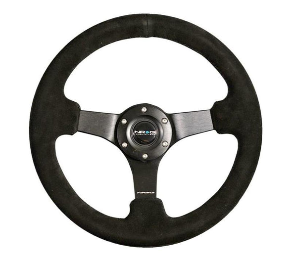 NRG Reinforced Steering Wheel (330mm / 3in Deep) Blk Suede w/Criss Cross Stitch w/Blk 3-Spoke Center