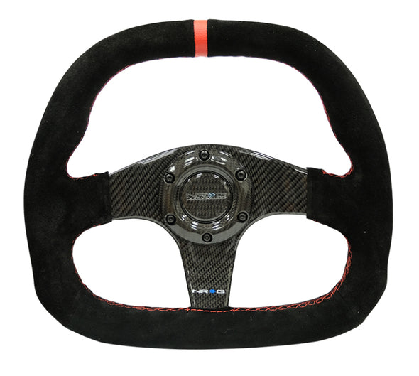NRG Carbon Fiber Steering Wheel (320mm) Flat Btm. Blk Suede/Red Stitch w/CF Spokes & Red Center Mark