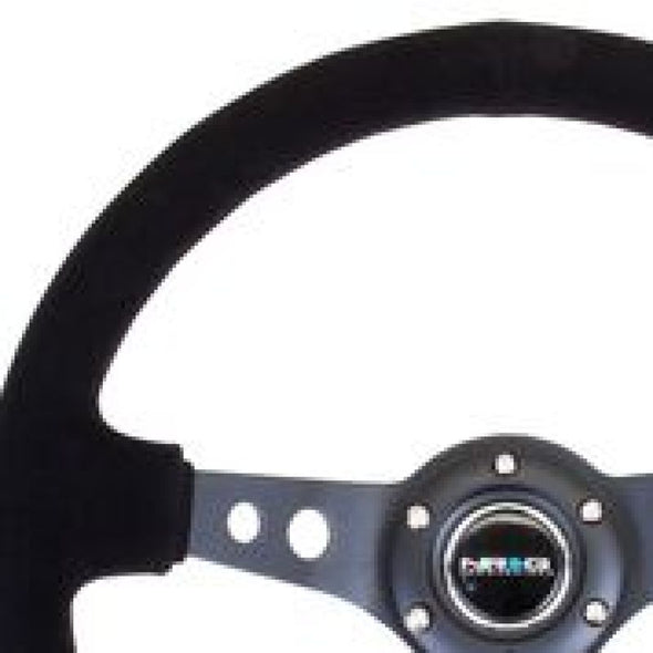 NRG Reinforced Steering Wheel (350mm / 3in. Deep) Blk Suede/Blk Stitch w/Black Circle Cutout Spokes