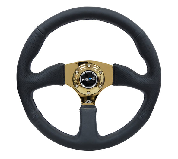 NRG Reinforced Steering Wheel (350mm / 2.5in. Deep) Leather Race Comfort Grip w/4mm Gold Spokes